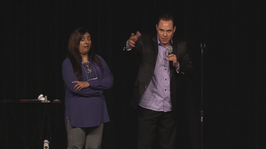 Randy Charach, mentalist, in action on stage.
