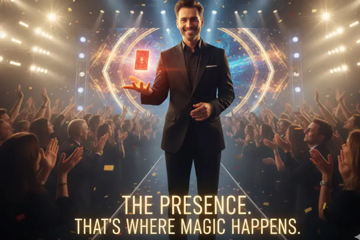 A mentalist on stage showing that presence matters more than perfection.